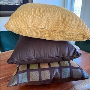 Set of Three Decorative Accent Pillows in Yellow, Brown, and Multicolor